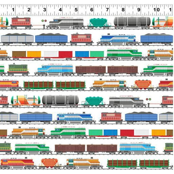 Cotton Let's Go Digital Trains Tracks Railways Rail Roads Travel Cargo Clothworks White Cotton Fabric Print by the Yard (Y4466-1WHITE)