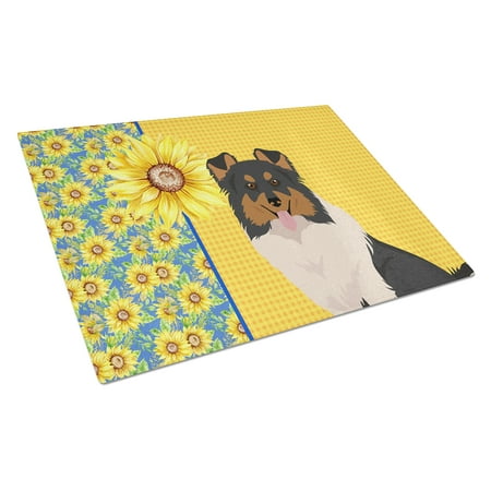 

Summer Sunflowers Tricolor Sheltie Glass Cutting Board Large 12 in x 15 in