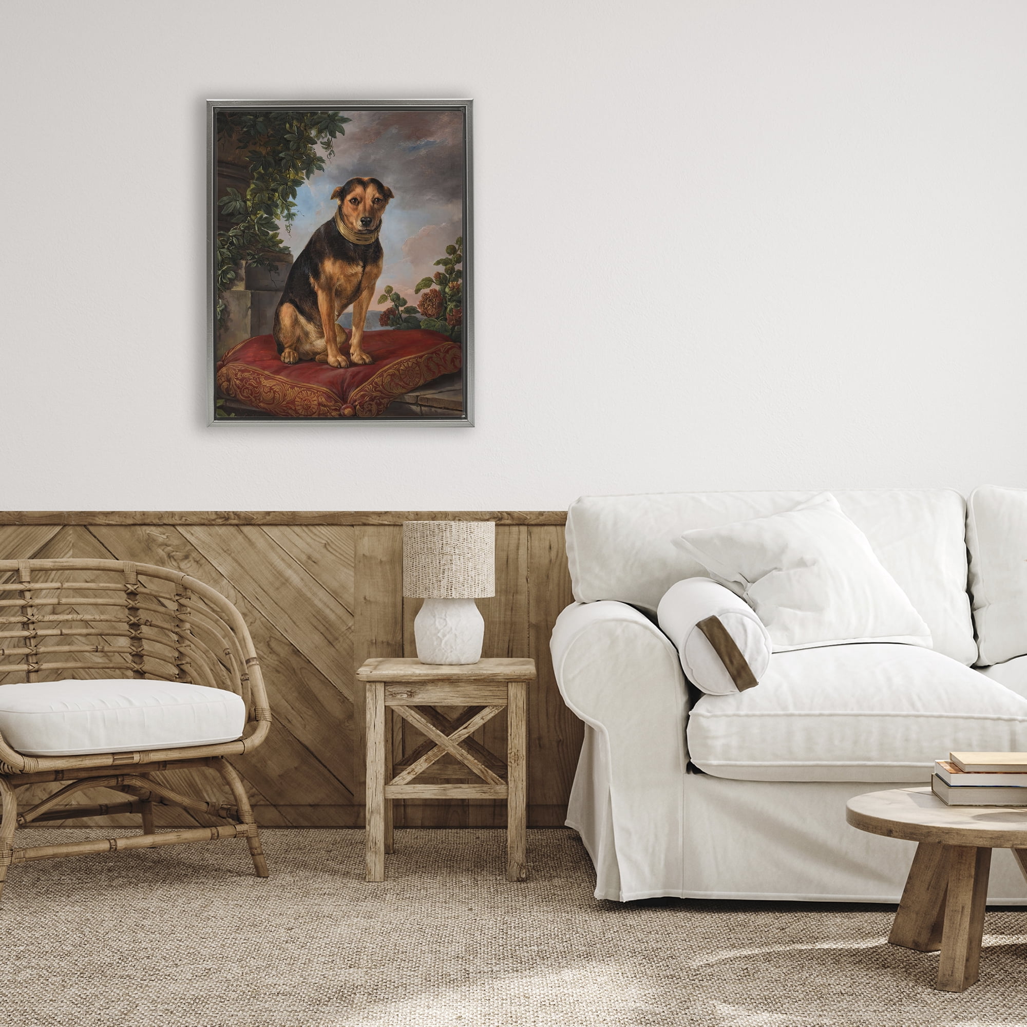 Stupell Industries Historical Dog on Cushion Gray Framed Floater Canvas Wall Art, design by Lil' Rue
