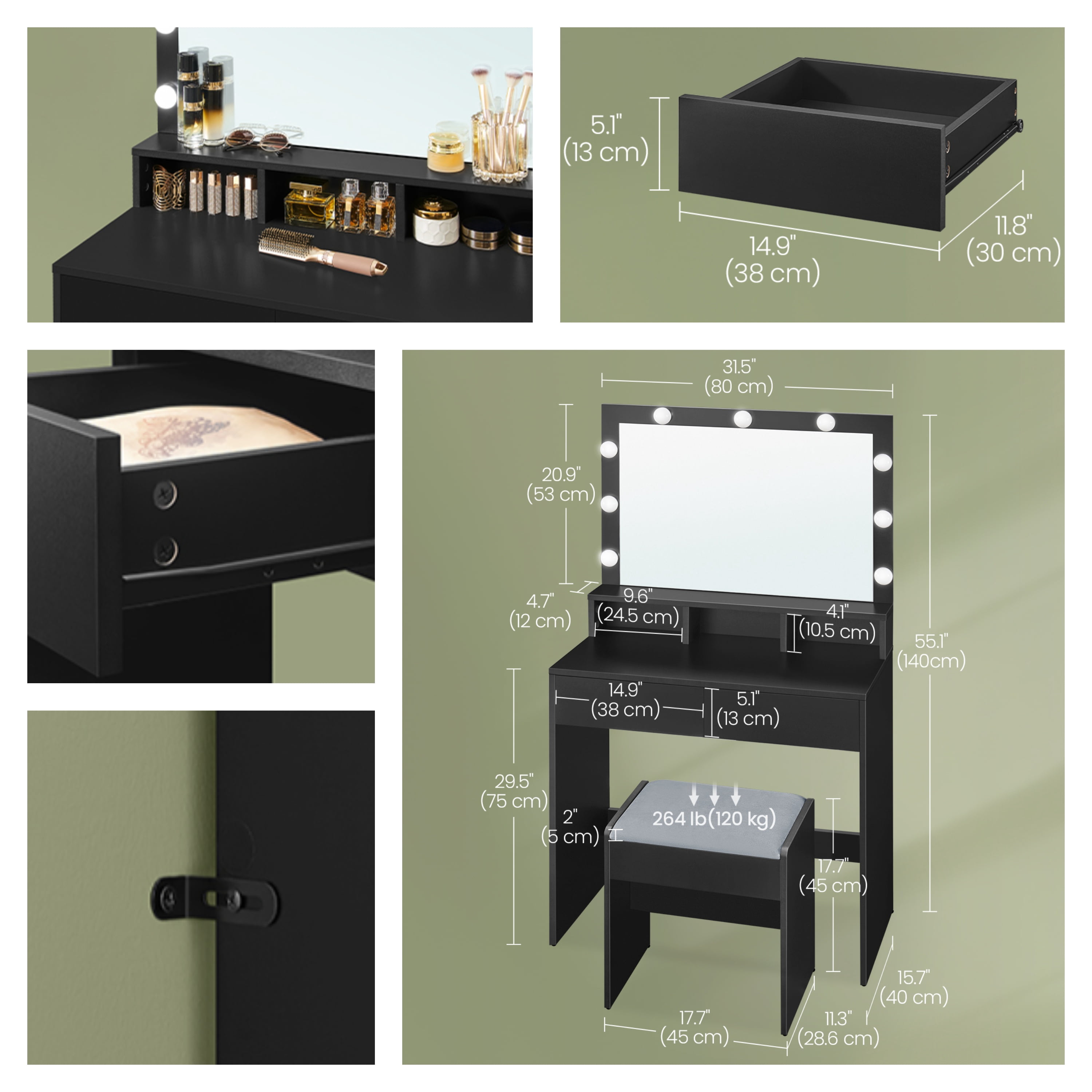 LEDREM Modern Makeup Vanity Desk with 9 Dimmable LED Lights, Storage Drawers & Stool, for Bedroom & Dressing Room, Ink Black