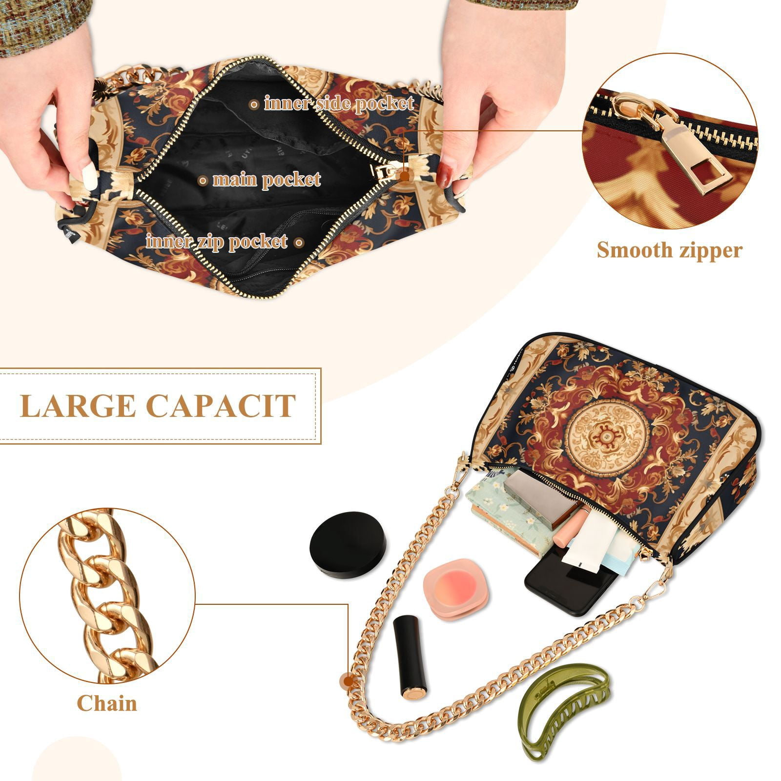 Boho PatternWomen Small Shoulder Bag Crossbody Tote Hobo Bags Purse Clutch Handbags with Chain Strap for Women