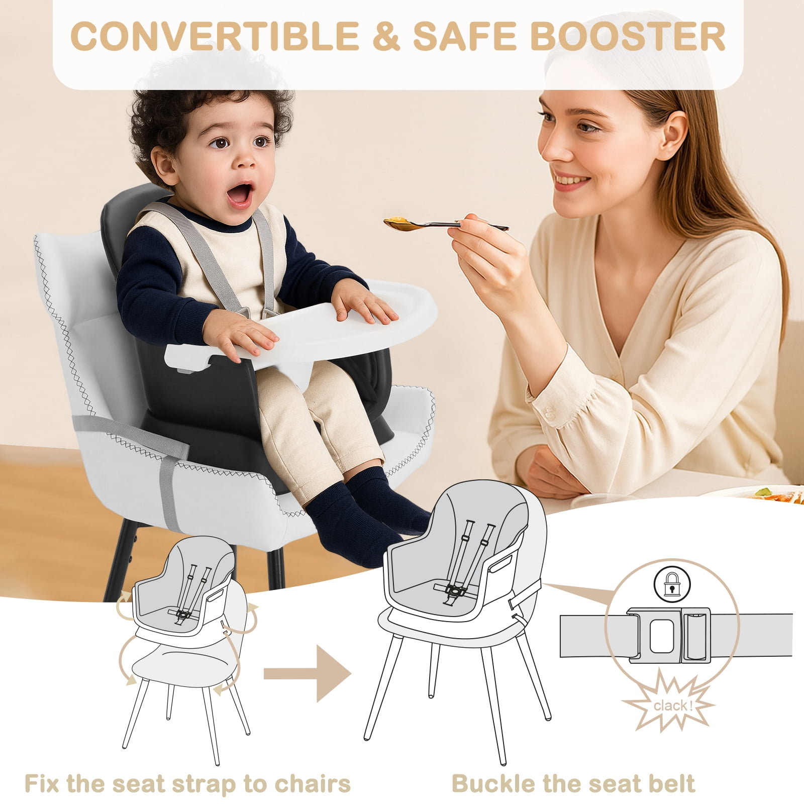 AILEEKISS 8-in-1 Baby High Chair, Toddler Booster Seat with Dishwasher-Safe Tray, Dark Grey