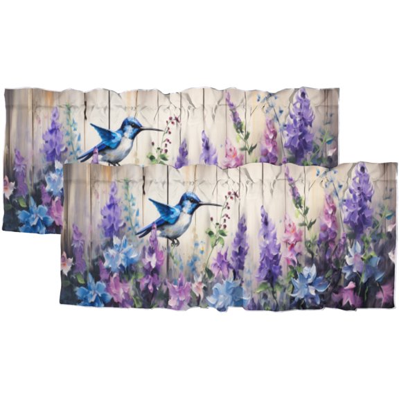 Flower Hummingbird Curtain Valances for Kitchen Windows Rustic Wooden Board Watercolor Purple Floral Bird Rod Pocket Window Valance for Living Room Bathroom Bedroom Kitchen 54 by 18 in, 2 Panel
