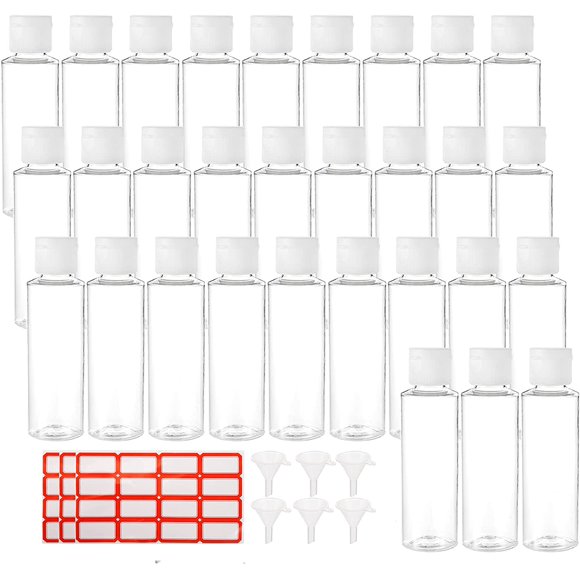 30 Pack 2 oz Plastic Empty Bottles with Flip Cap, Clear Travel Containers Travel Size Bottles with 6pcs Funnels and 48pcs Labels - BPA-free