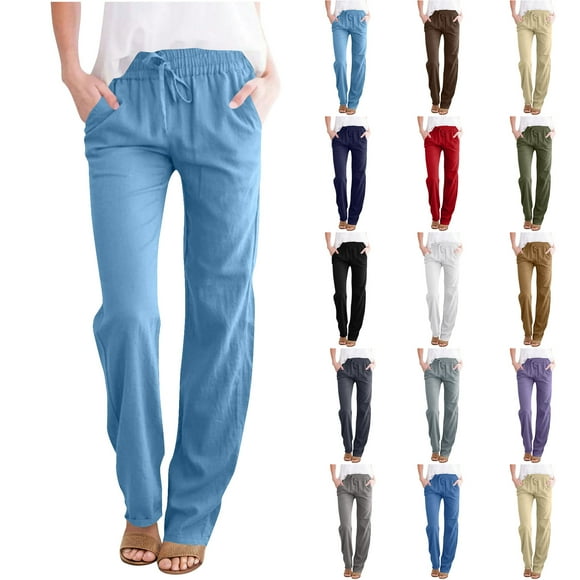 QATAINLAV 2025 Summer Linen Pants for Women Loose Fit Lightweight Vacation Beach Pants Casual Drawstring High Waisted Long Trousers with Pockets Prime Today Beige S