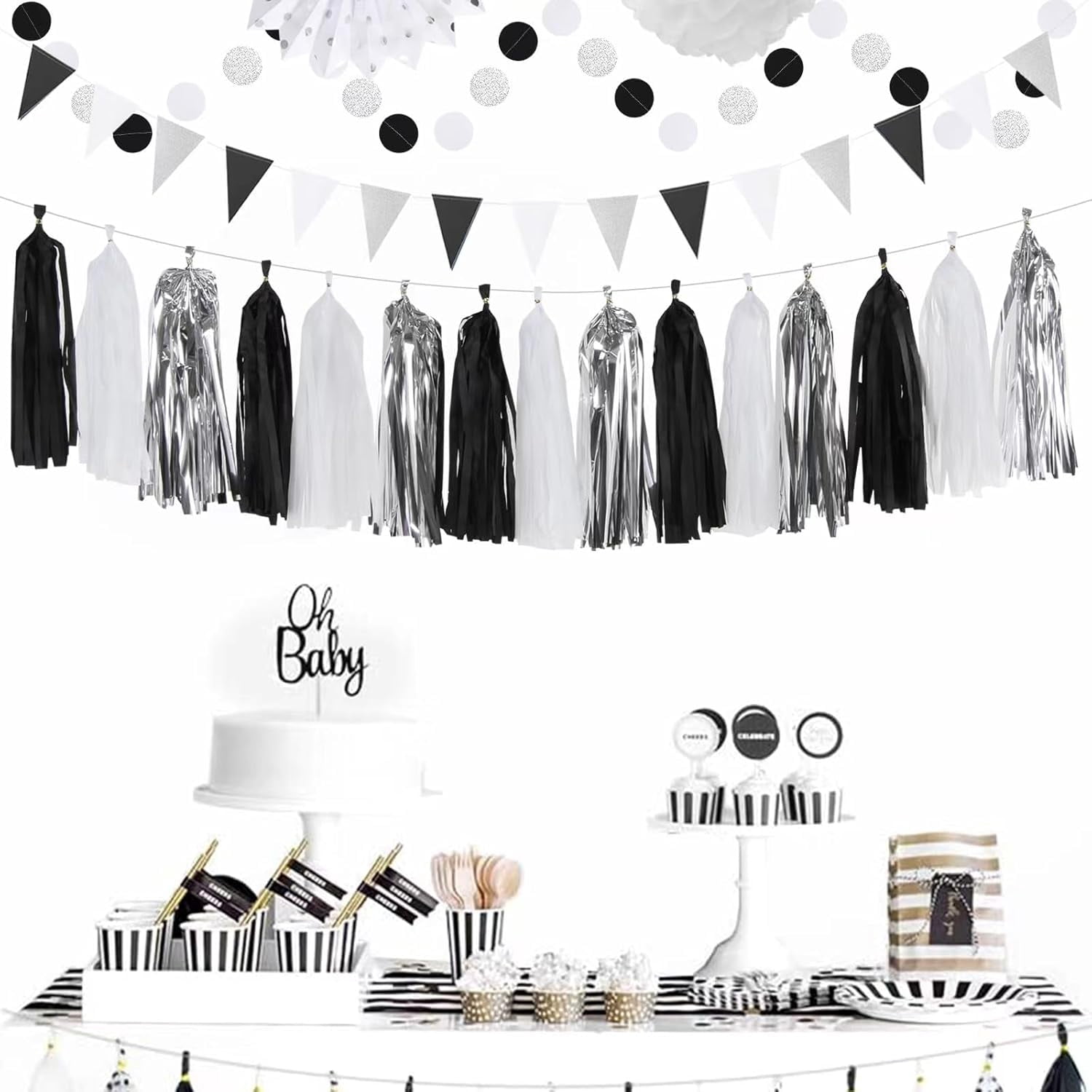 NestE Black White-Silver Party-Decorations - 33pcs Kits Banner,Graduation Streamer Tassel Garland,Tissue Pom Poms Honeycomb,Paper Lantern Fans,Birthday Wedding Baby Bridal Shower New Years Decor