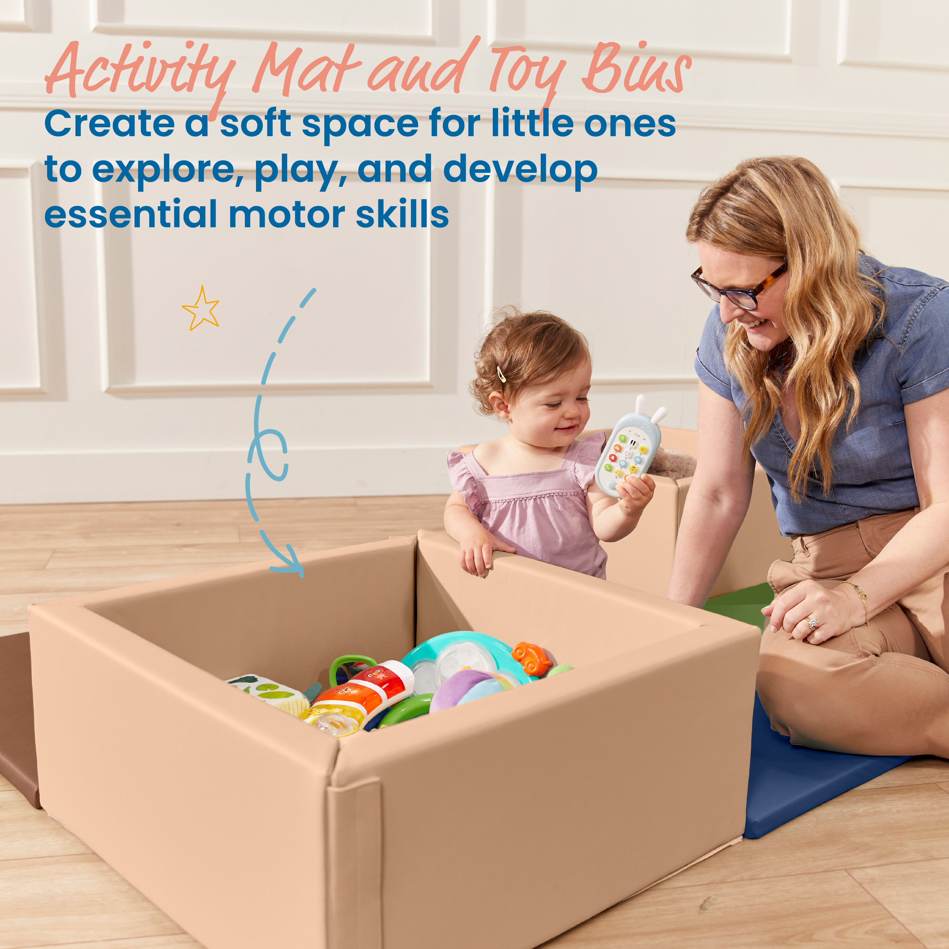 ECR4Kids SoftZone Play Patch Activity Mat and Toy Bins, Beginner Playset, Earthtone, 6-Piece
