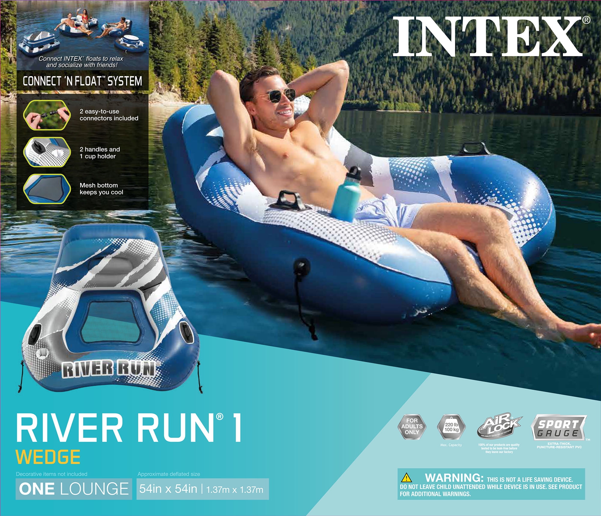Intex River Run I Wedge - Inflatable Floating Water Lounge with Quick Connects - River Lake Pool