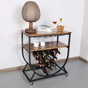 MORITIA Industrial Wine Rack Console Table with Glass Holder, Metal and Wood Wine Storage Display Rack for Home, Holds 15 Bottles, 29.2W x 16.0D x 29.9H Inch