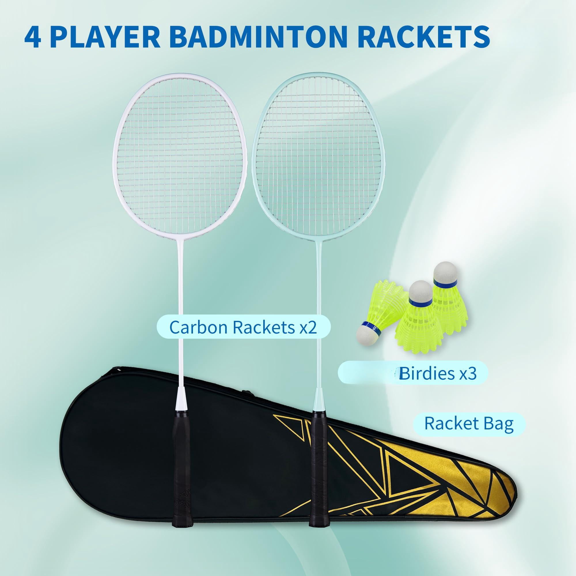 Professional Badminton Rackets Set Of 4 - Carbon Fiber  6 Shuttlecocks 4 Grips & Bag For Backyard Games | 90g Lightweight