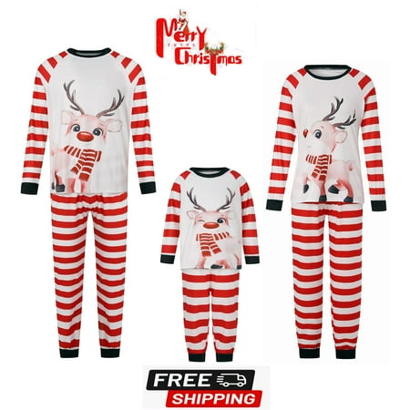 

ESASSALY Christmas Pajamas for Family Christmas Elk Printed Round Neck Tops Stripe Long Pants Family Clothing