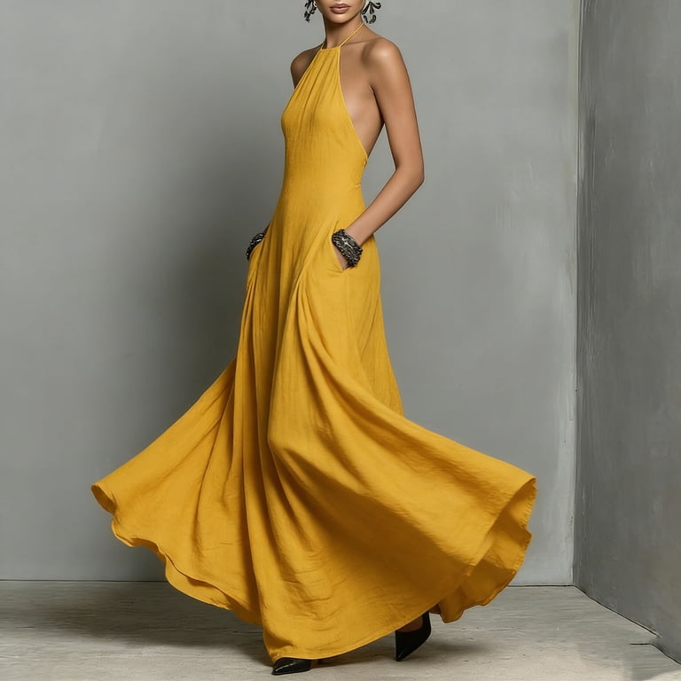 yellow linen halter dress Plunge Halterneck Mini Dress In Yellow Linen | EGO US