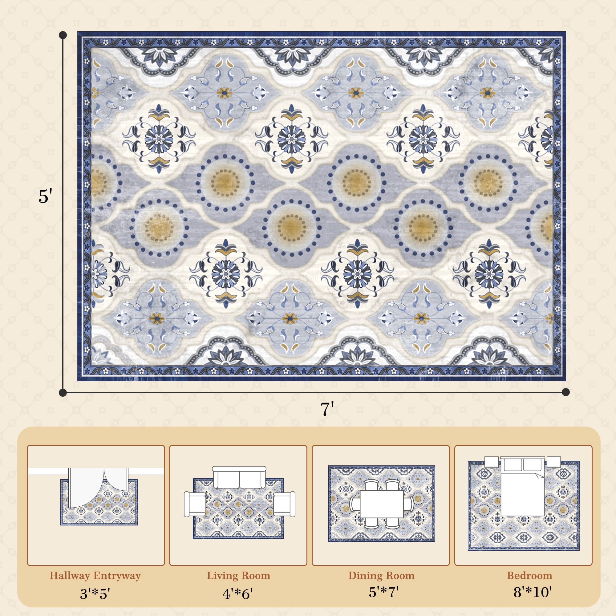 EnHomee Area Rugs for Living Room 5x7 Area Rugs Machine Washable Area Rugs Vintage Boho Indoor Area Rugs for Bedroom,Blue