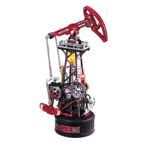 ROKR Oil Pump Jack Mechanical 3D Wooden Puzzle, DIY Industrial Model Kit with Moving Gear Mechanism, LED Display, Type-C Powered Desk Decor Gift for Adults and Teens