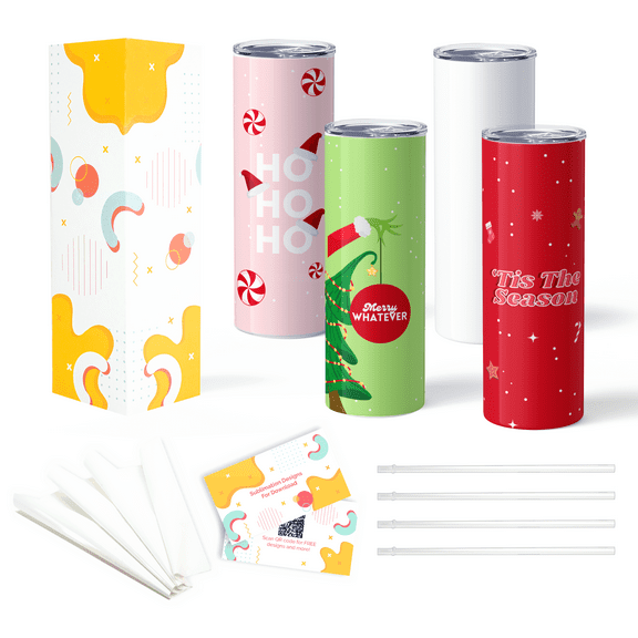 Sublimation Tumblers 20oz Skinny Tumbler, 4 Pack Stainless Steel Sublimation Blank Tumblers, Lids, Straws and Shrink Wraps