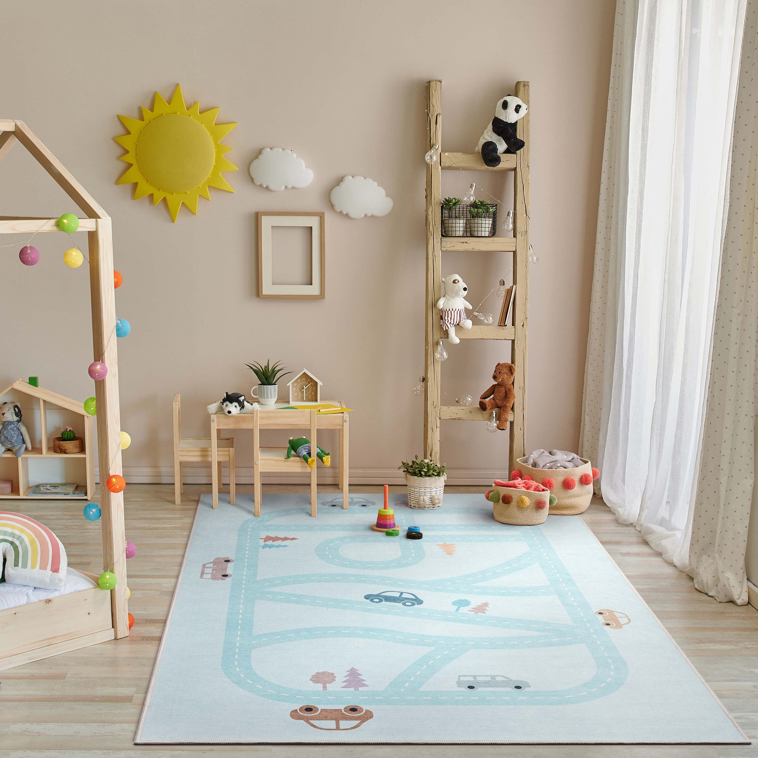 Well Woven Kids Rugs Playful Roads Modern Light Blue 3'3" x 5' Printed Machine Washable Area Rug