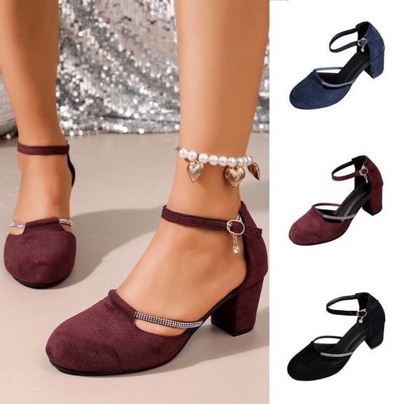 GERsome Womens Chunky Block Heels Closed Round Toe Ankle Strap Dress Pumps Shoes for Office Party Wedding Wine Size 5.5