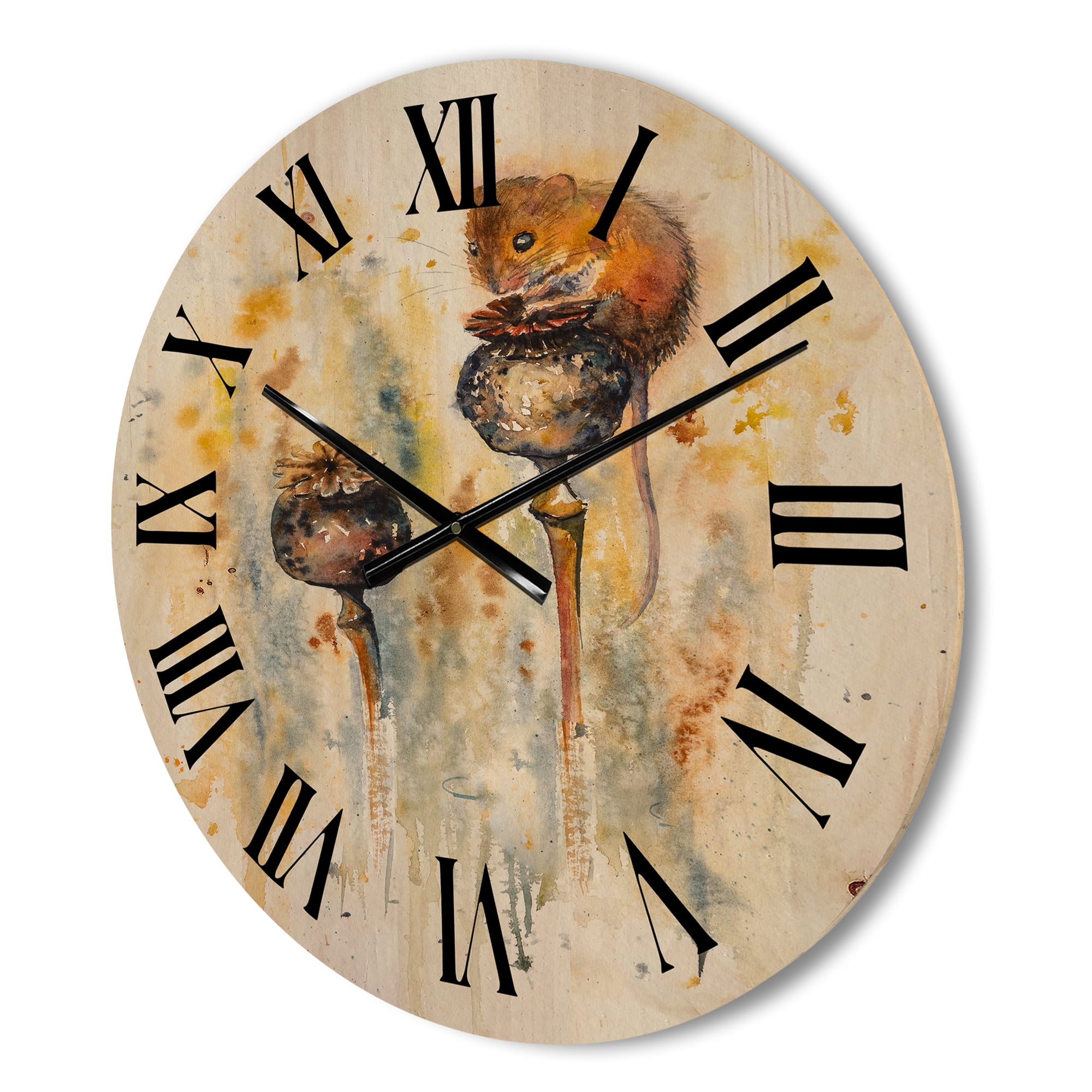Designart 'Little Mouse Sitting On Poppies' Traditional Wood Wall Clock