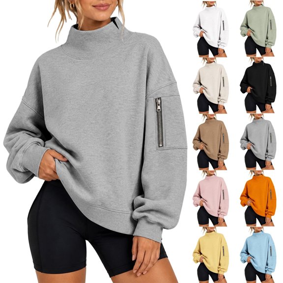 Mock Neck Sweatshirt Women Long Sleeve Casual Lightweight Sweatshirts No Hood Fall Fashion Oversized Turtleneck Pullover,S
