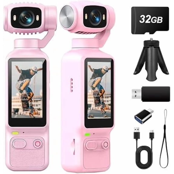 Handheld Pocket Action Vlog Camera, Rotatable Lens with Fill Light, Includes 32GB Card & Full Accessories for Outdoor Travel Cycling