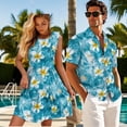 thumbnail image 3 of Jeiento Matching Hawaiian Outfits for Couples Mens Button Down Shirt Womens Hawaiian Dresses Plumeria Couple Matching Outfits Loose Fit Tiered Tank Dresses, Blue, 3 of 6