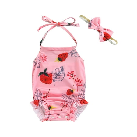 

Sunisery 2Pcs Toddler Infant Baby Girls Swimwear Printing Halterneck One-Piece Swimsuit + Hairband Beachwear Pink 18-24 Months
