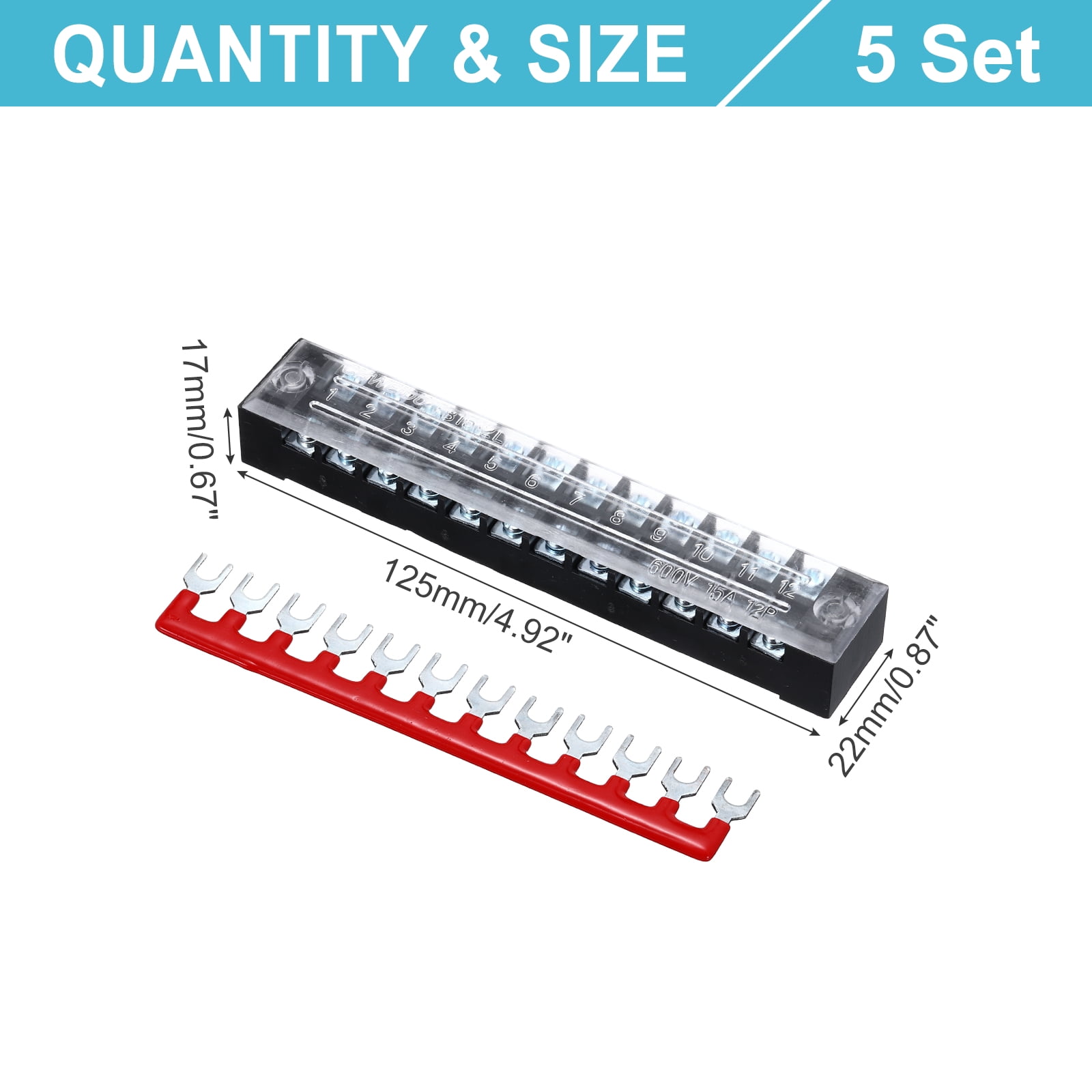 Uxcell 6Pcs Dual Row Terminal Block, 600V 15A 12 Positions Screw Terminal Block with 6PCS Pre-Insulated Barrier Strips for Power System, Home Appliances