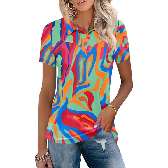 Trendfront Womens Golf Polo Shirts Short Sleeve Buttoned Placket Retro Groovy Psychedelic Printed Top 70s Neon Camo Theme Sport Shirt