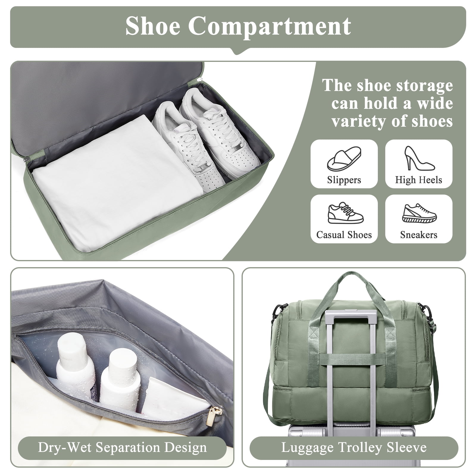 SYCNB Large Weekend Bag for Women, Best Weekender Travel Bag with Shoes Compartment & Toiletry Bag, Duffel Tote Bag for Gym Travel Hospital, Carry-On Overnight Bag, Olive Green