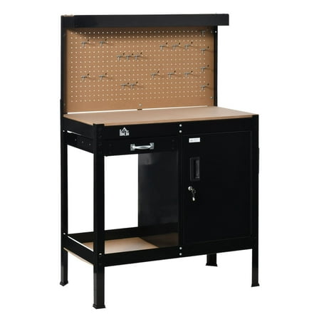 Workshop Workbench with Drawer & Pegboard - Black Tool Cabinet - Heavy Duty Steel Frame - Garage Work Station for DIY Projects & Tools