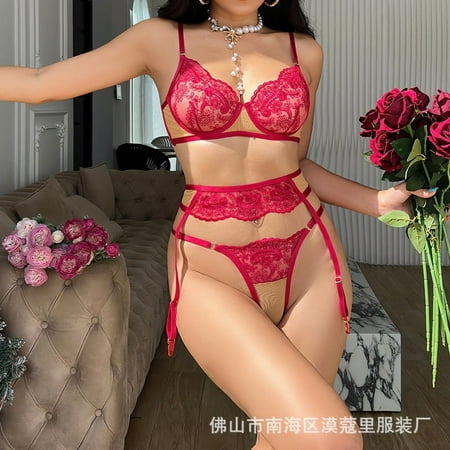 Lingerie Sexy Lingerie Steel Ring Push up Sexy Lace Red Bra Garter Three-Piece Set