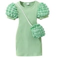 thumbnail image 2 of Toddler Girls Ruffle Lantern Sleeve Round Neck Knit Elastic Bodycorn Mini Knee Length Party Dress with Bag, 2 of 7