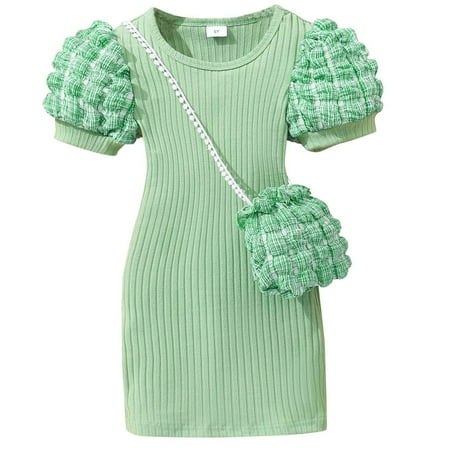 Odeerbi Kids Girls Puff Sleeve Bodycorn Dress with Cute Bag Party Mini Knit Dress Lightweight Short Sleeve Round Neck Solid Color Dress Set Kids Clothes Green