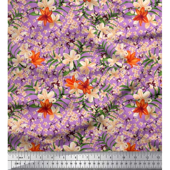Soimoi Cotton Cambric Fabric Leaves & Wild Flower Floral Print Sewing Fabric Yard 42 Inch Wide
