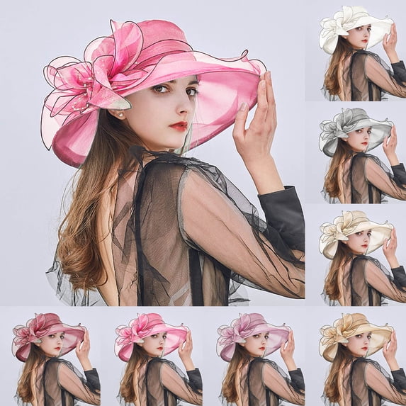 haizhen Tea Party Hats for Women Kentucky Derby Hats for Women Wedding Organza Church Hat Bridal Wedding Wide Brim Dress Hat Bonnets Summer Sun Caps White One Size