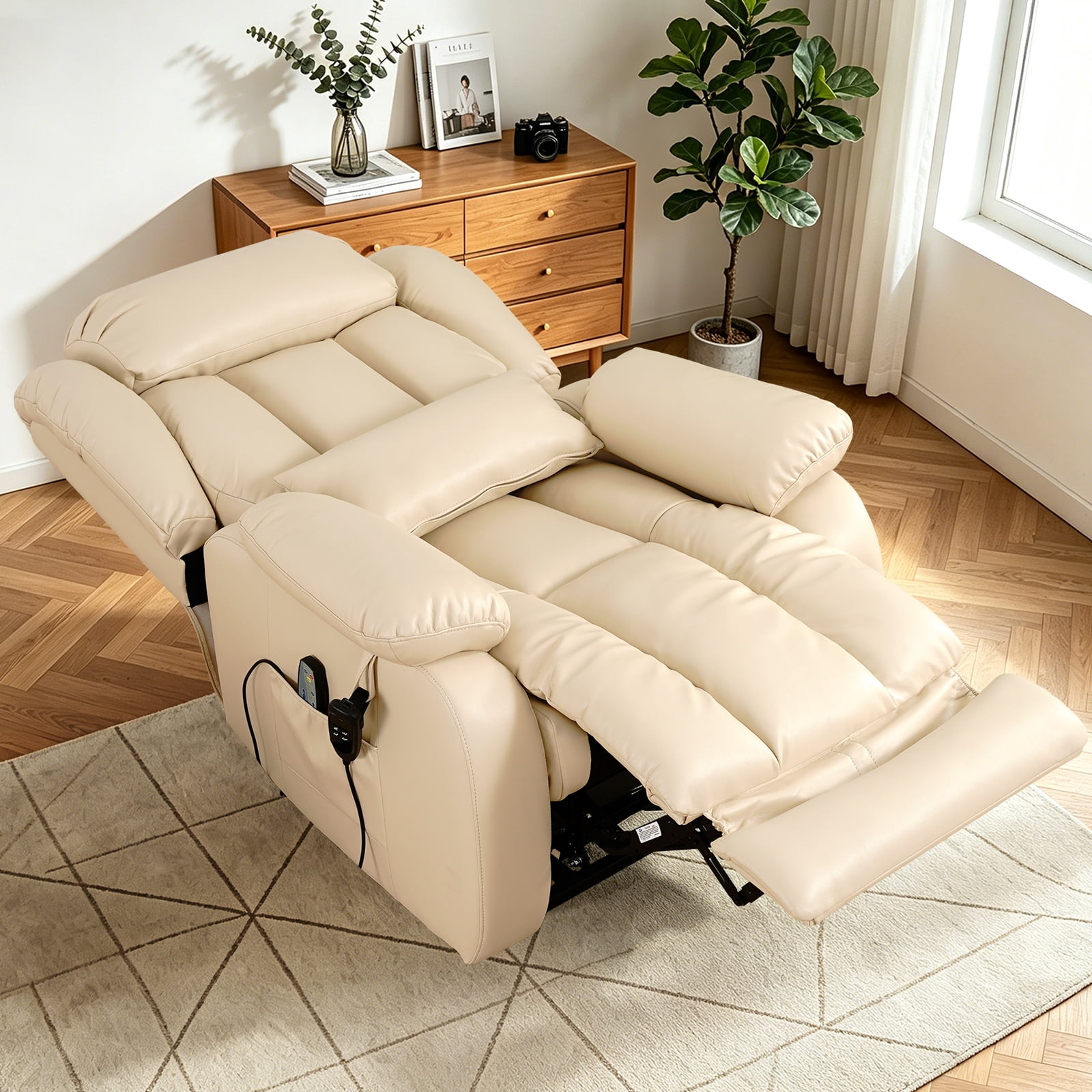 TEKAMON Infinite Position Lift Recliner Chair for Elderly with Heat Massage and Extended Footrest Lay Flat Sleeping Leather Dual Motor Power Lift Chair for Living Room (Beige)