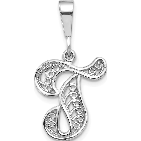 14K White Gold 14Kw Solid Polished Script Filigree Letter T Initial Pendant Made In United States d1281t