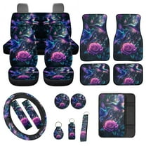 Jeiento Hummingbird Car Seat Cover Full Set, Flower Front and Back Seat, Floor Mat, Steering Wheel, Armrest, Seatbelt Strap, Decorative Auto Interior Accessories, Purple, 17 Pack