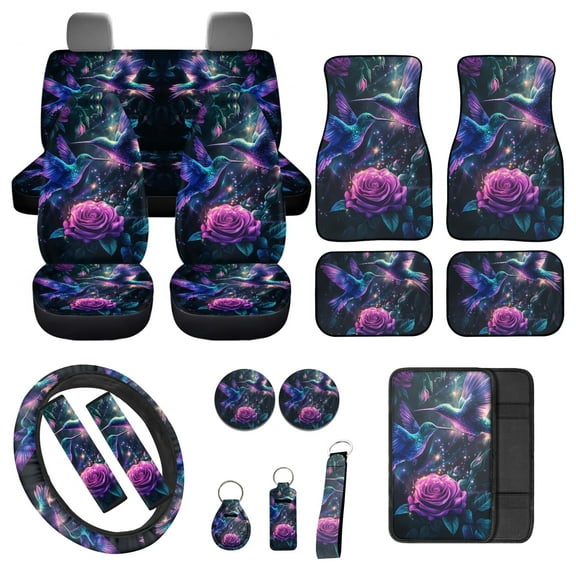 Jeiento Hummingbird Car Seat Cover Full Set, Flower Front and Back Seat, Floor Mat, Steering Wheel, Armrest, Seatbelt Strap, Decorative Auto Interior Accessories, Purple, 17 Pack