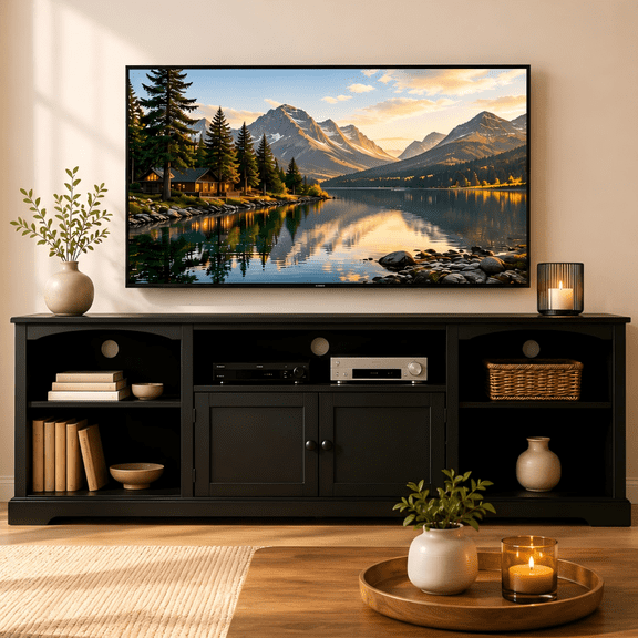 GTPLAYER TV Stand for TVs up to 80",Mid Century Entertainment Center with Storage Shelves, Black