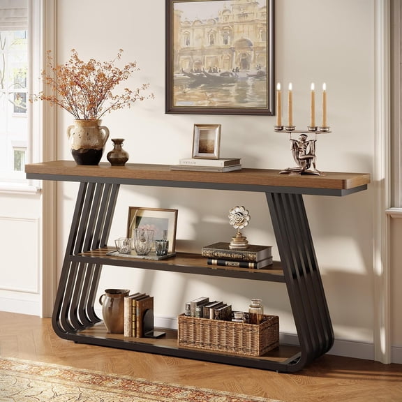 Tribesigns 55" Long Console Table, 3-Tier Sofa Table with Iron Frame for Living Room, Foyer, Hallway