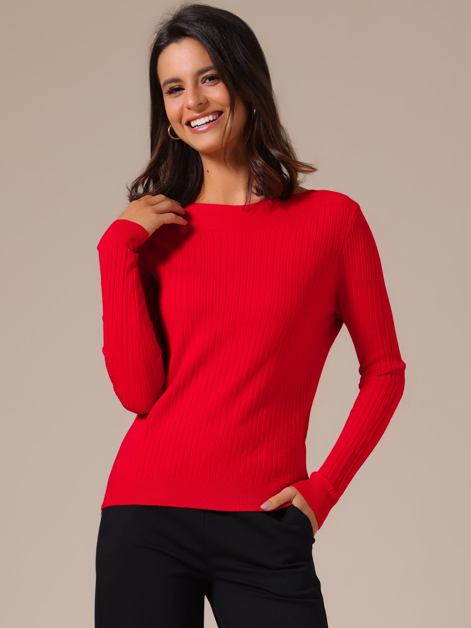 DARING DIVA Women's Boat Neck Long Sleeve Ribbed Sweaters S Red