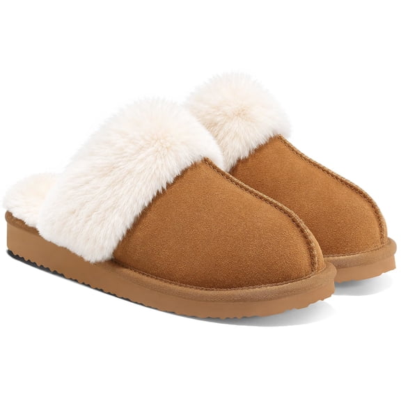 Crestar Women's Fuzzy Slippers with Memory Foam, Winter Warm Slip on House Shoes Indoor and Outdoor, Chestnut