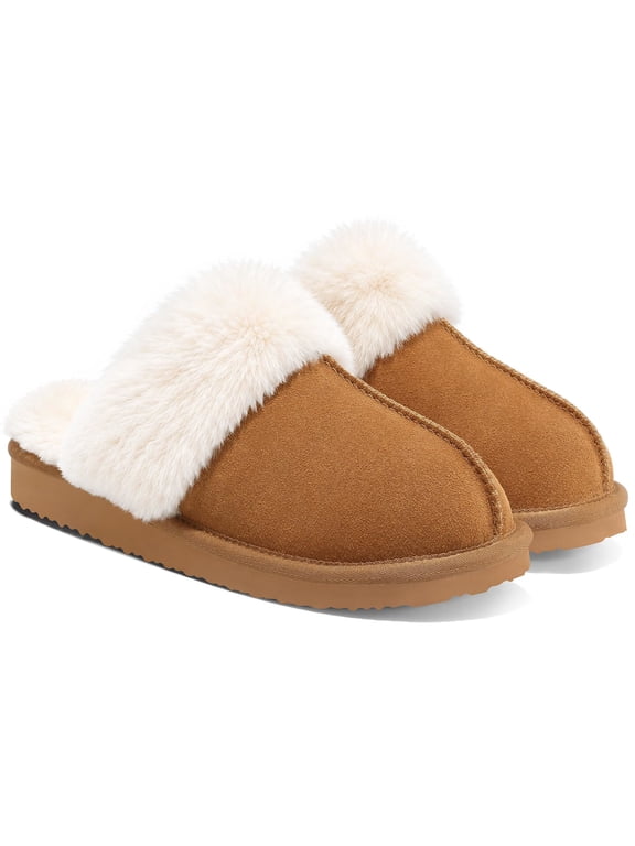 Women's Fuzzy Slippers with Memory Foam, Winter Warm Slip on House Shoes Indoor and Outdoor, Chestnut
