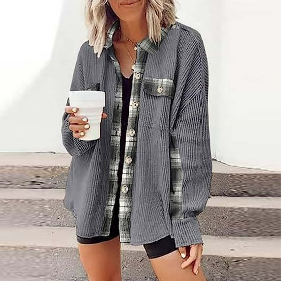 Sakmal Barn Jacket Gray Corduroy Plus Size Fleece Coat Fall Jackets for Women 2025 XL