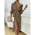thumbnail image 2 of Women's Printed Tie Waist Long Sleeve Midi Shirt Dress 100% Polyester Lightweight Versatile Flowy Elegant Workwear, 2 of 10