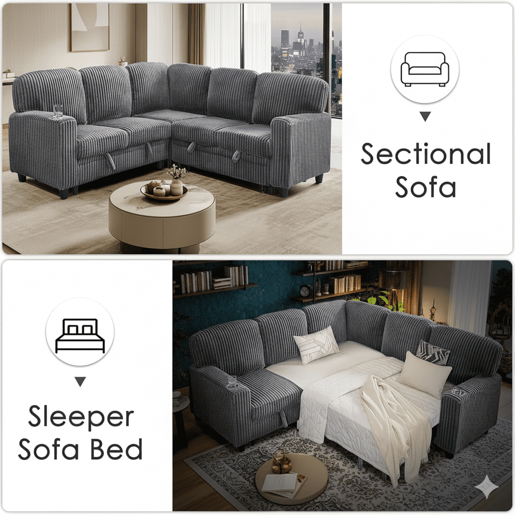 81" Modular Sectional Sofa, Corduroy Pull Out Couch Bed Sleeper Sofa Bed with Storage Seat, Cup Holders & USB/Type-C Ports, V Shaped Sectional Couch for Home Living Room (Grey)