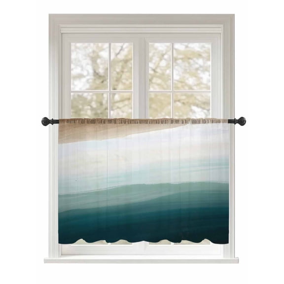 Sheer Curtains 54 Inch Length, Blue Beach Gradient Semi Sheer Curtains Light Filtering Window Treatment, Boho Sea Waves Ombre Abstract Privacy Voile Drapes for Living Room Bedroom 52x54 Inch