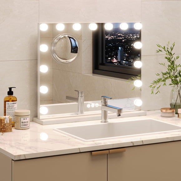 Espejo de baño LED cuadrado 24x22" con 15 bombillas - Luz ajustable 3 modos - Aumento 3X