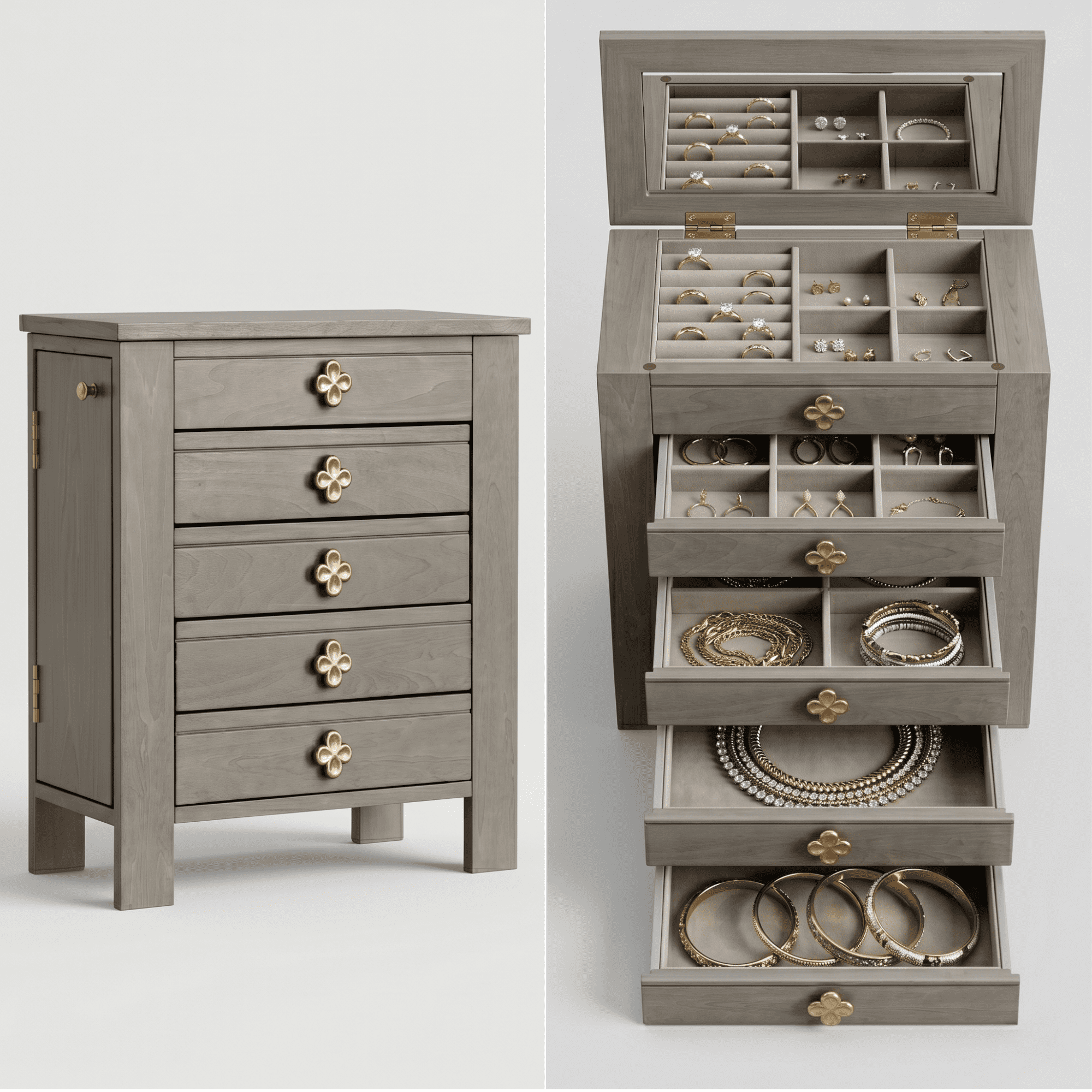 Hives and Honey Emma Wood Jewelry Chest: Modern Grey Tabletop Storage with 4 Drawers for Women